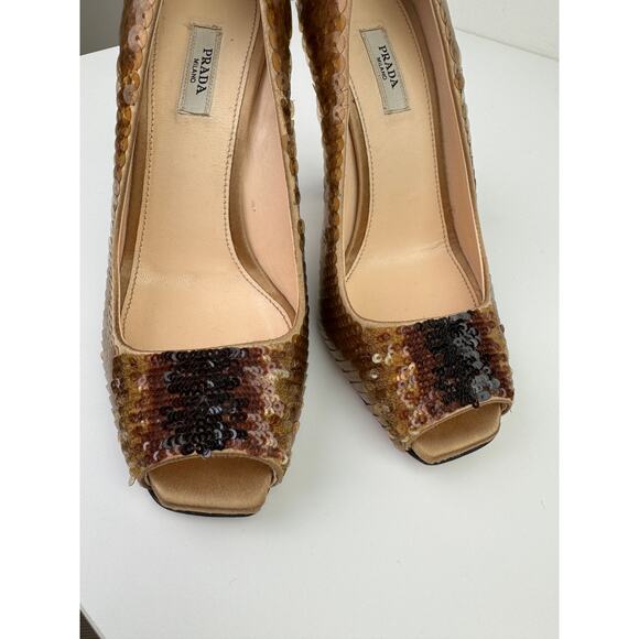 PRADA Womens Bronze Brown Metallic Sequin Peep Toe Pumps High Heels EU 35 - Picture 12 of 12